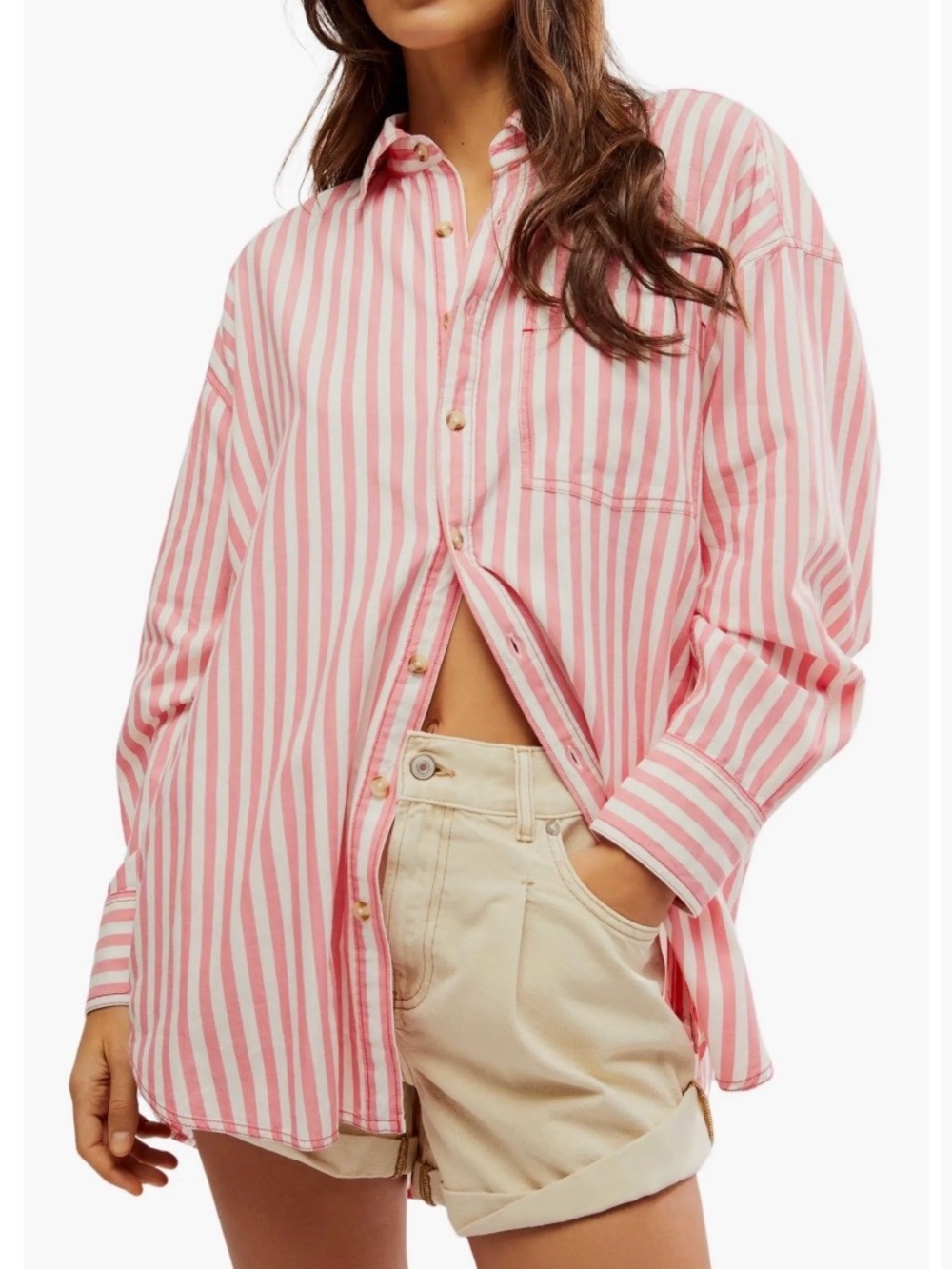Free People We The Free Freddie Pink and White Striped Oversized Button Up